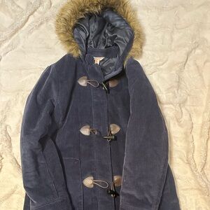 Brooks Brothers Red Fleece navy duffle coat toggle faux fur hood lined size 10